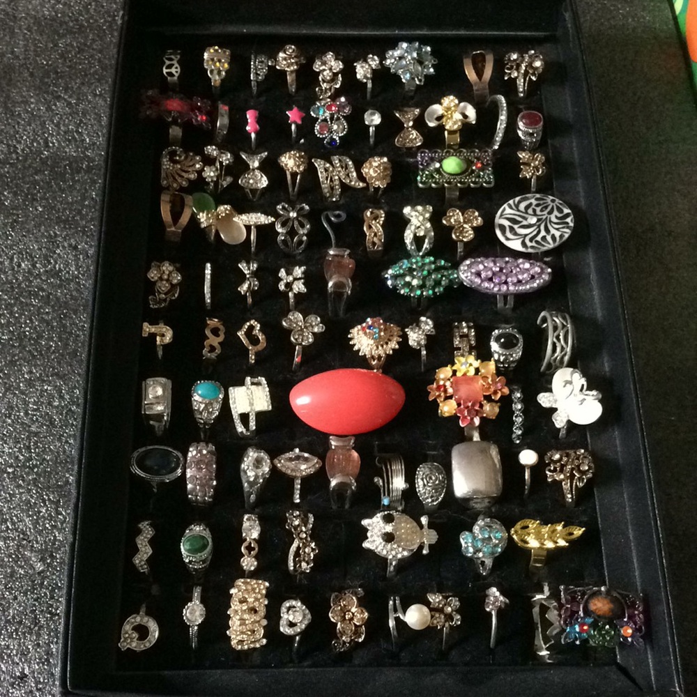 Big lot of rings with stones and rhinestone